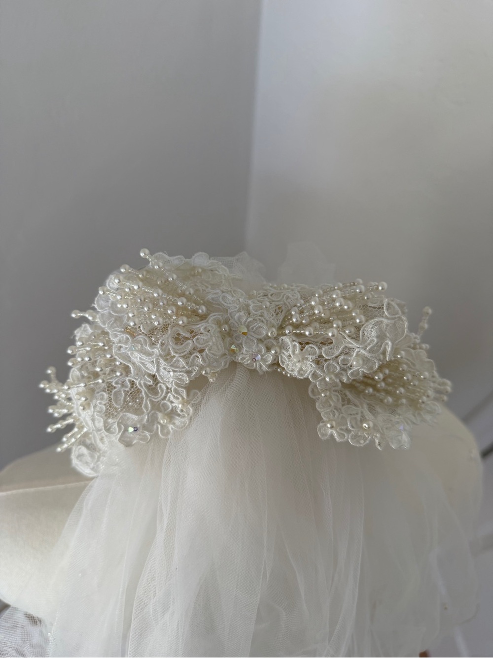 Vintage Ivory Pearl Lace Bridal Headpiece and Veil